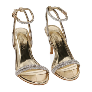 Sandalias laminadas doradas con brillos, tacón de 8,5 cm