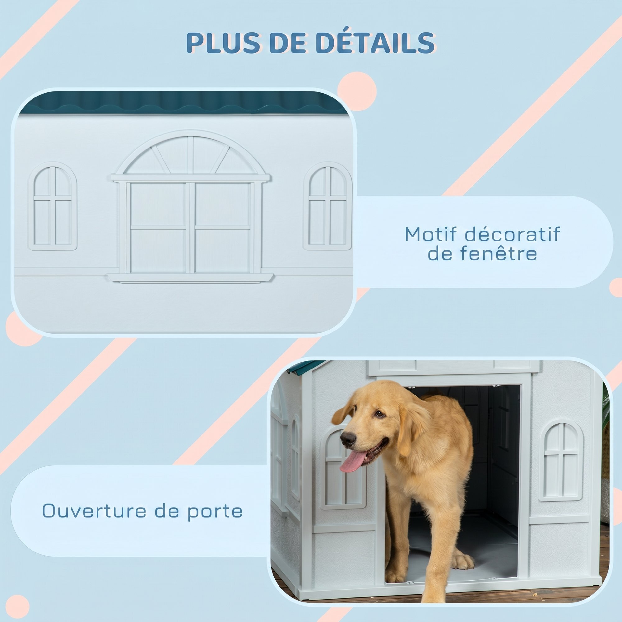 Niche chien style cottage - motifs fenêtres, porte, aération - PP blanc bleu