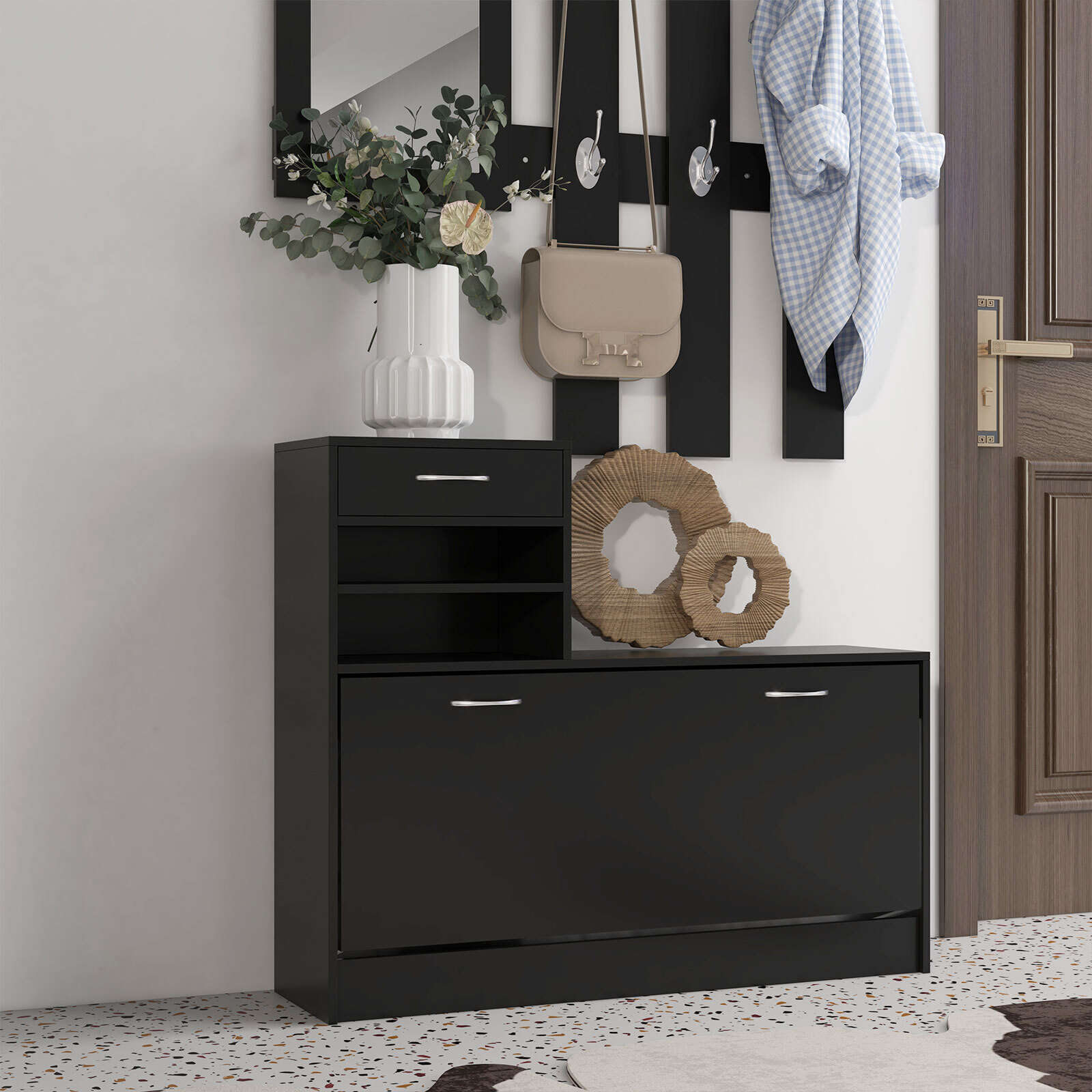 Conjunto de Recibidor de Entrada con Espejo, Perchero y Zapatero, Muebles de Recibidor de 2 Piezas con 6 Ganchos, Estante y Cajón, para Pasillo, Negro