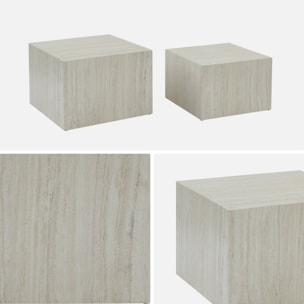 Lot de 2 tables basses effet marbre blanc cassé PAROS.  L 58 x l 58 x H 40cm / L 50 x l 50 x H 33cm