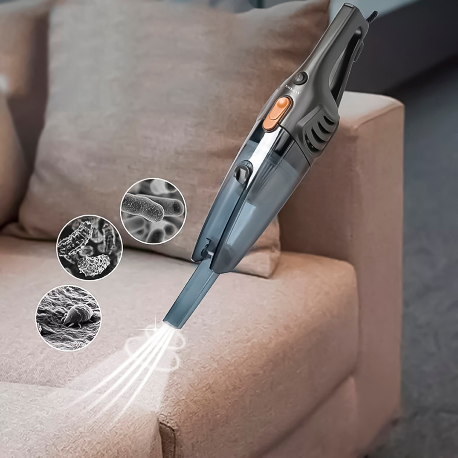 Aspirapolvere con cavo di 5M e potenza di 1000W. Filtro HEPA lavabile e riutilizzabile.