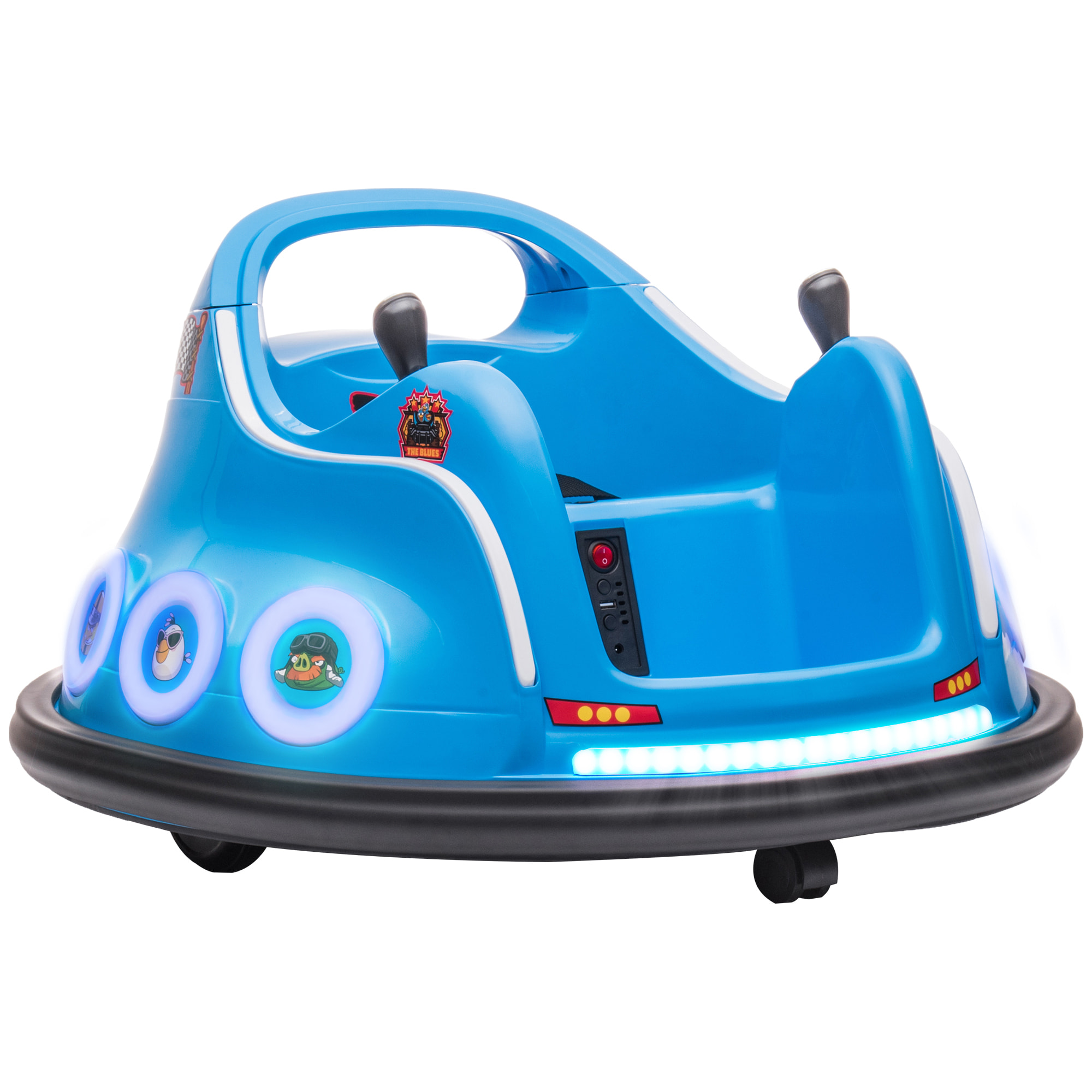 Coche de Parachoques Eléctrico para Niños Coche de Choque con Licencia de Angry Birds Batería 12 V Mando a Distancia Joystick Rotación de 360° Coche Eléctrico con Luces LED Música Azul