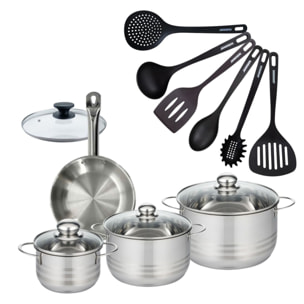 Set 1 poêle en inox et 1 couvercle verre, 3 faitouts inox et 6 ustensiles RPET Fackelmann Eterna