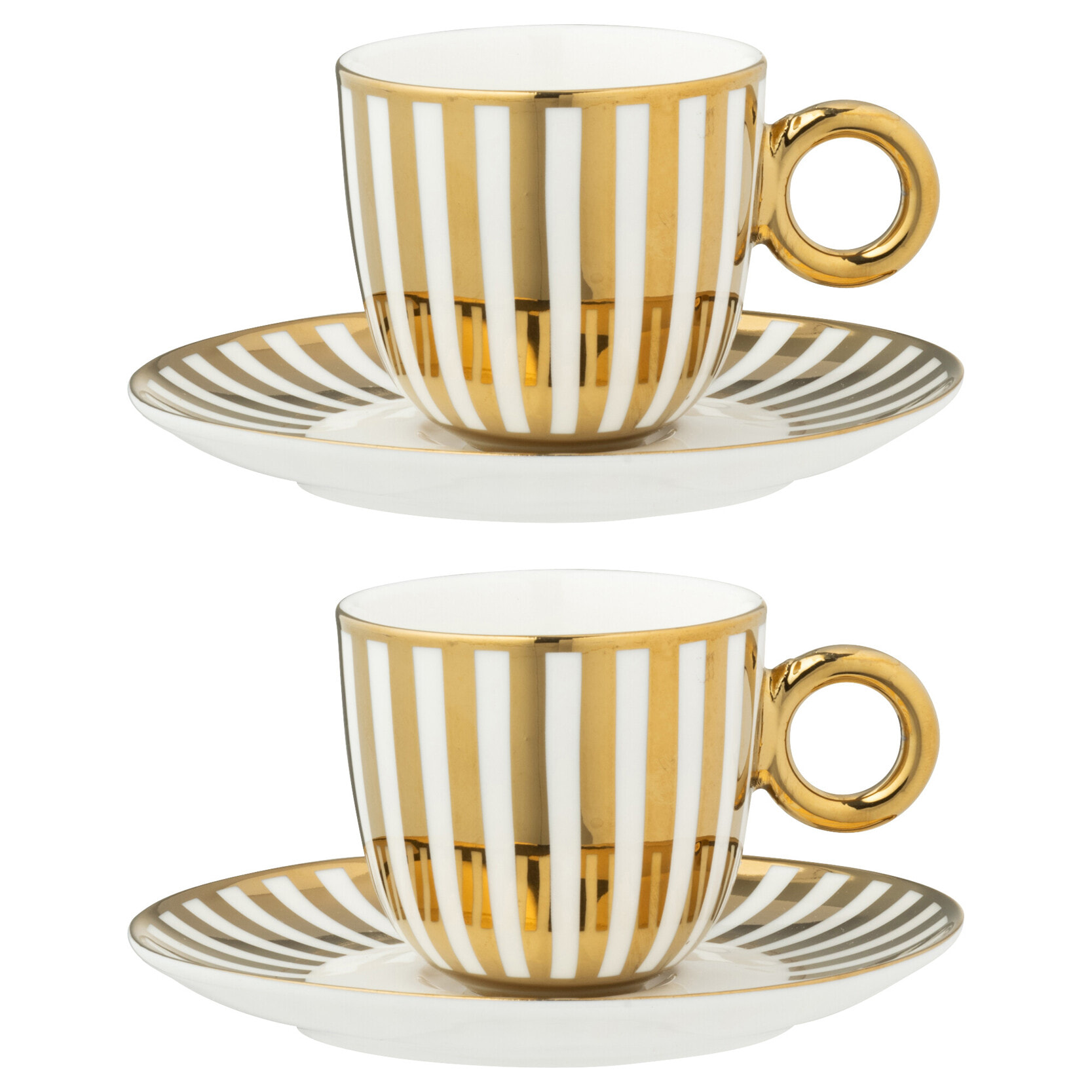 J-Line tasse + sous-tasse Lignés - porcelaine - blanc/or - large - boîte de 2