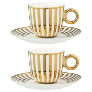 J-Line tasse + sous-tasse Lignés - porcelaine - blanc/or - large - boîte de 2