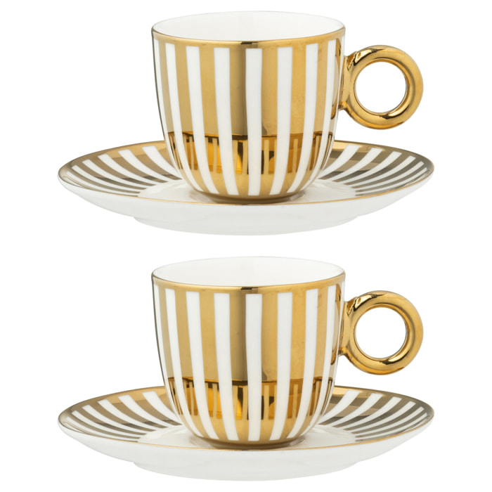J-Line tasse + sous-tasse Lignés - porcelaine - blanc/or - large - boîte de 2