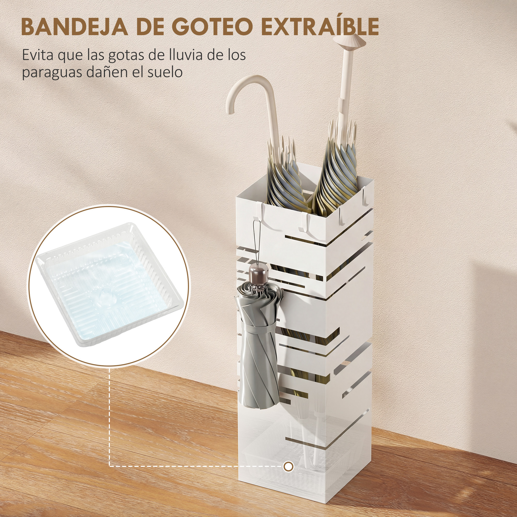 ParagÃƒÂ¼ero Metálico, Soporte de Paraguas con 4 Ganchos y Bandeja de Goteo Extraíble, ParagÃƒÂ¼ero Blanco para Entrada, Oficina, 15,5x15,5x49 cm