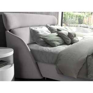 Cama Angel Cerdá de matrimonio con un cabecero y estructura en tela en gris claro y patas de acero inoxidable en epoxi negro 207x250x102cm