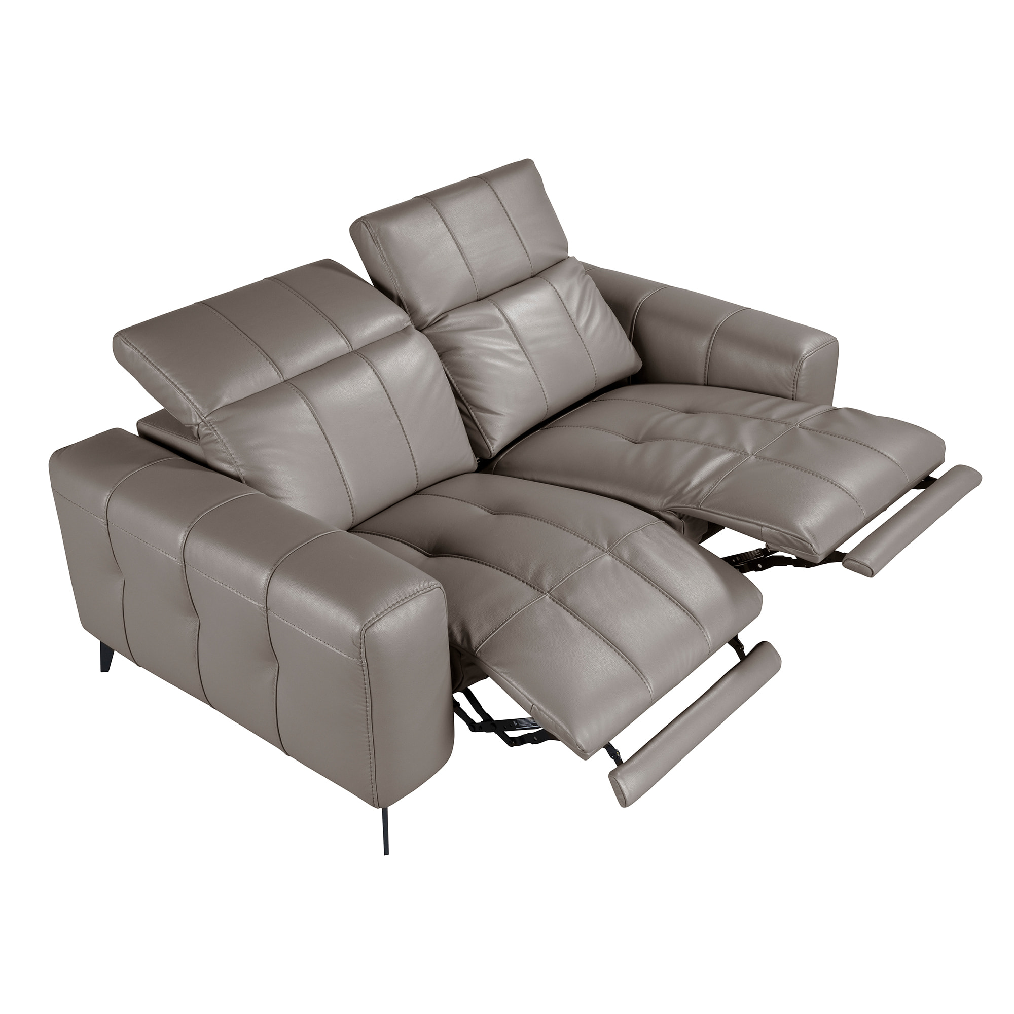 Sofá relax Angel Cerdá de 2 plazas tapizado en piel de origen vacuno en gris con reposacabezas patas de acero inoxidable en epoxi negro 2 sistemas de relax eléctrico 176x110x98cm