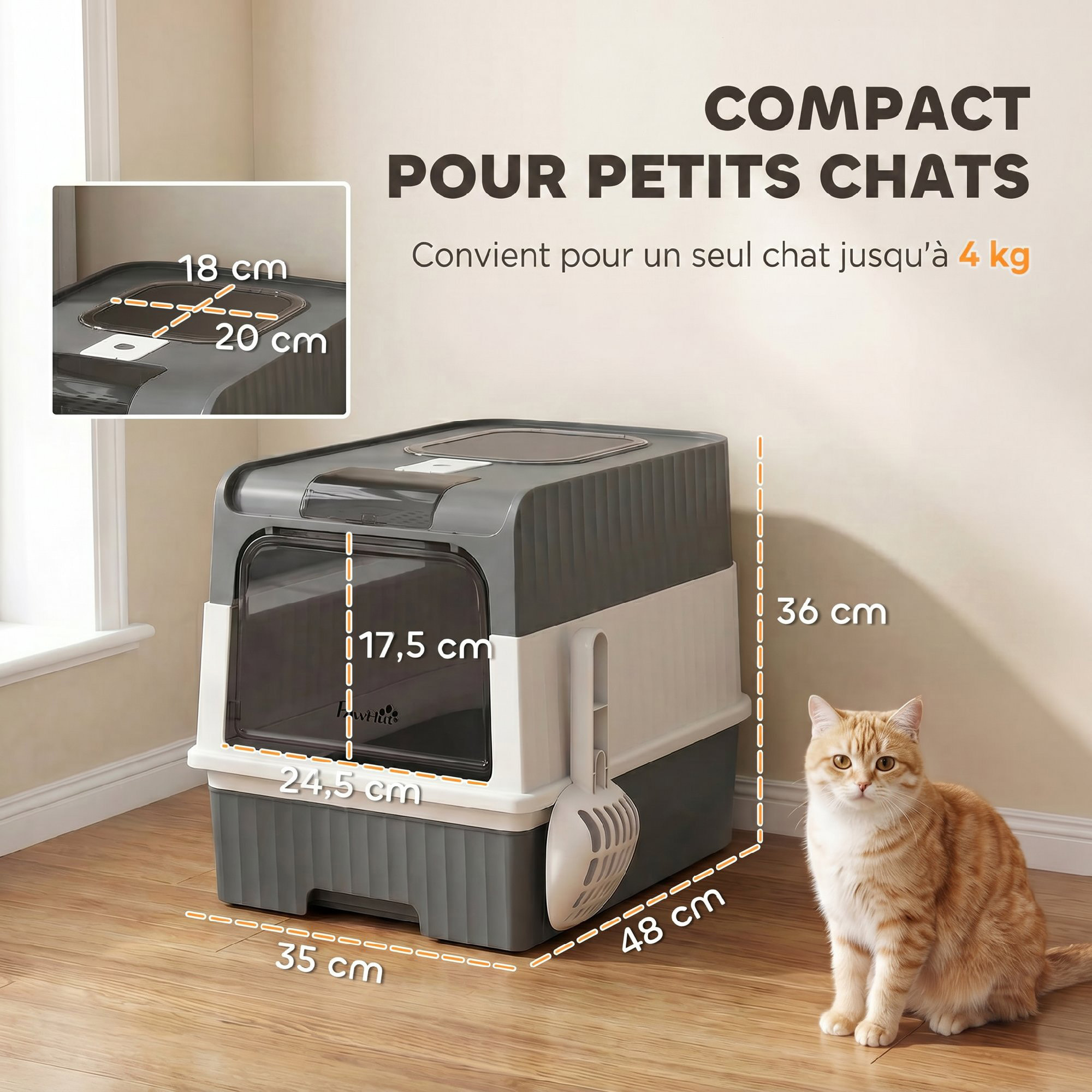 Maison de toilette chat - couvercle, trappe, plateau coulissant, accessoires - blanc gris