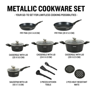 Batterie de cuisine 15 pièces avec revêtement en marbe Noir Herzberg HGMETBK15-BLK