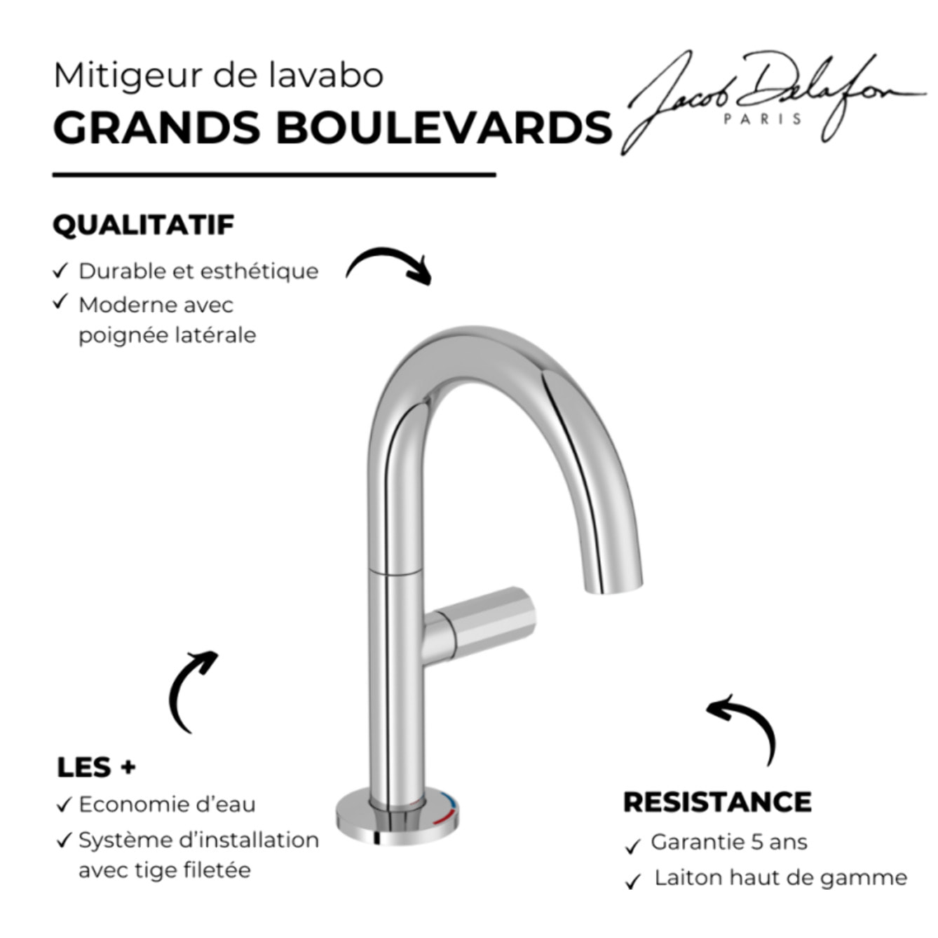Mitigeur de lavabo avec poignée latérale Grands Boulevards chromé