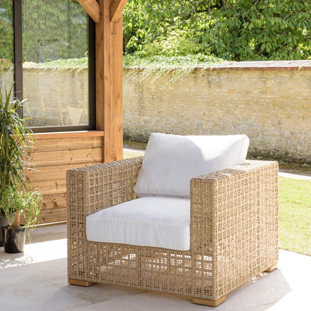 VALERIA - Salon de jardin 6 places en rotin synthétique ajouré beige