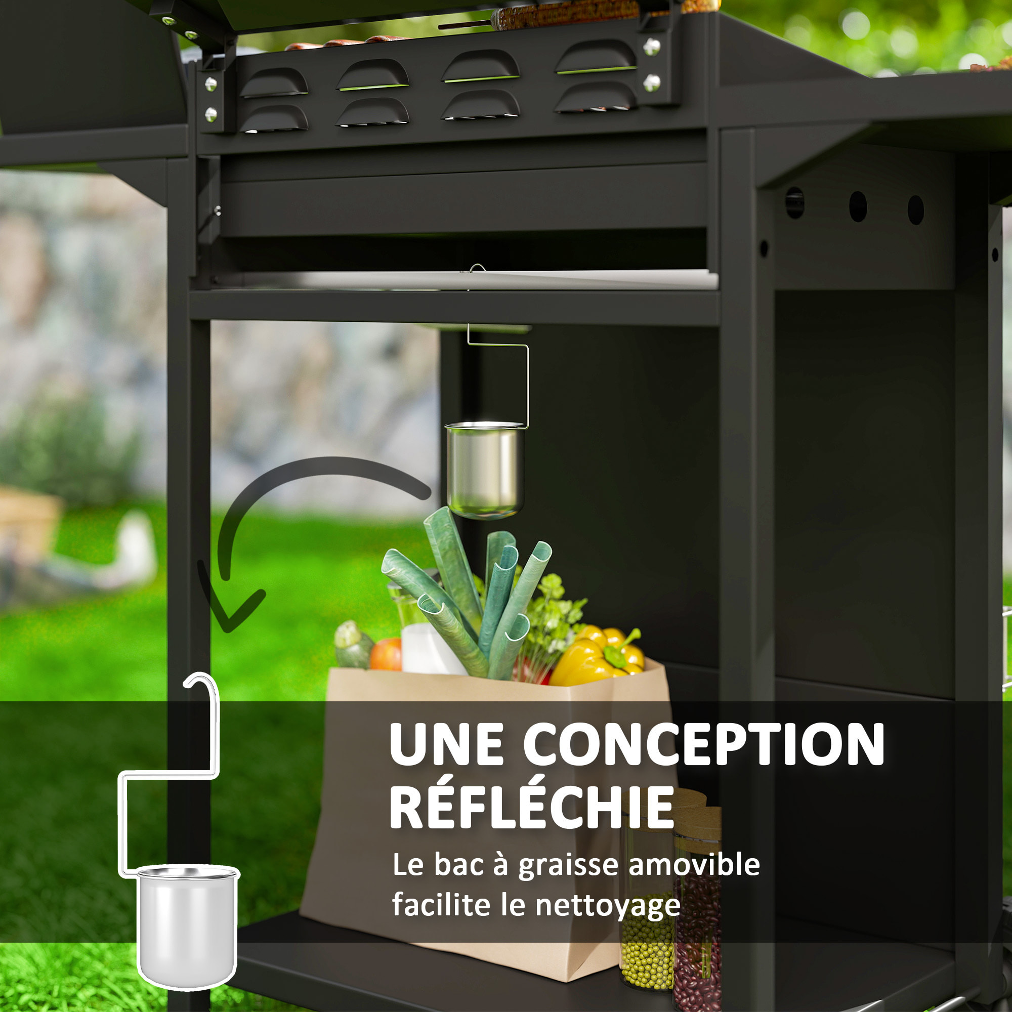Barbecue gaz 3+1 brûleurs avec couvercle 2 roues - 9,5 kW - 2 grilles chromées, étagères latérales, thermomètre - noir