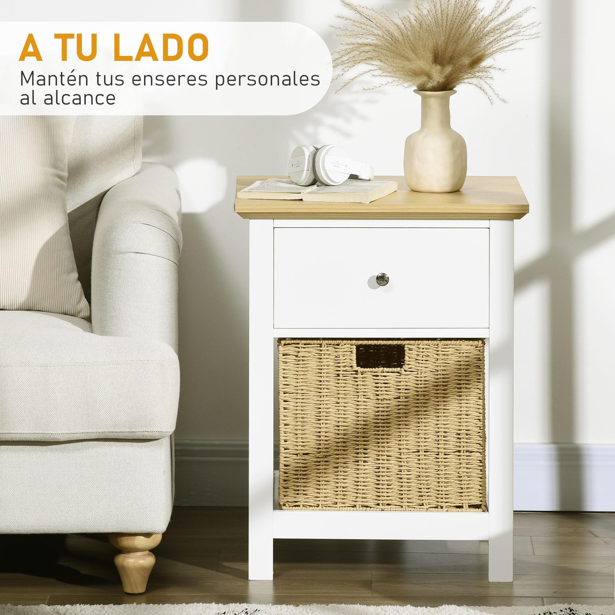 Mesita de Noche Moderno Mesilla de Noche con Cajón de Almacenamiento y Cesta de Ratán Plegable para Salón Dormitorio 49x39x64 cm Blanco y Natural