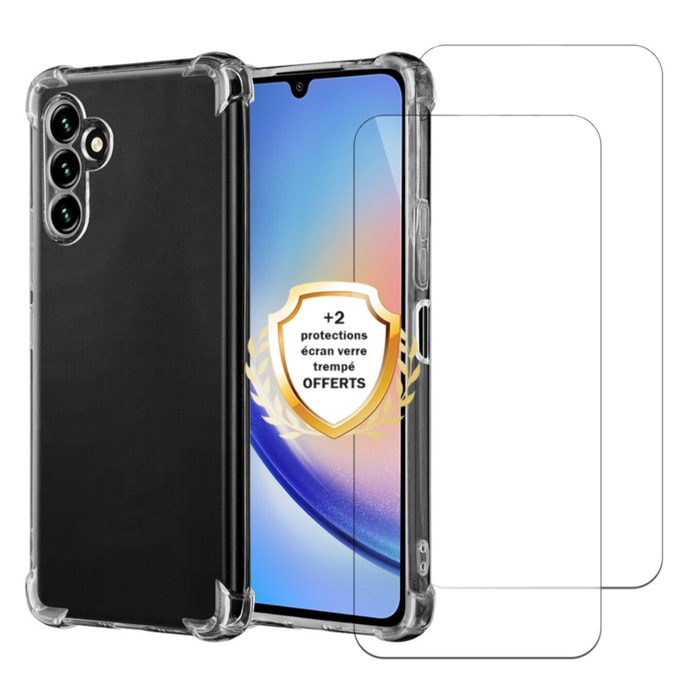 Coque Samsung Galaxy A34 Antichoc coins renforcés Silicone + 2 Vitres en verre trempé Protection écran