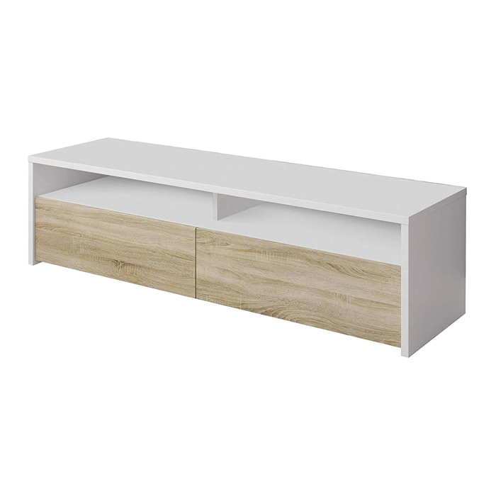 Mobile porta TV Henderson, Credenza per televisione da soggiorno con 2 ante, Supporto TV, Buffet moderno basso da salotto, cm 130x40h36, Bianco lucido