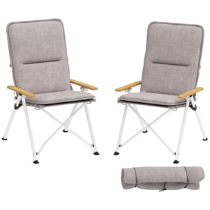2 Sillas de Camping Plegables de Aluminio Sillas de Jardín Portátiles con Respaldo Alto Ajustable Reposabrazos de Madera y Bolsa de Transporte para Exterior 59x67x96 cm Gris Claro