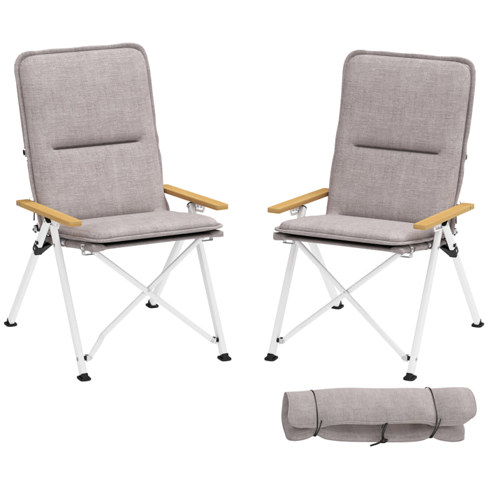 2 Sillas de Camping Plegables de Aluminio Sillas de Jardín Portátiles con Respaldo Alto Ajustable Reposabrazos de Madera y Bolsa de Transporte para Exterior 59x67x96 cm Gris Claro