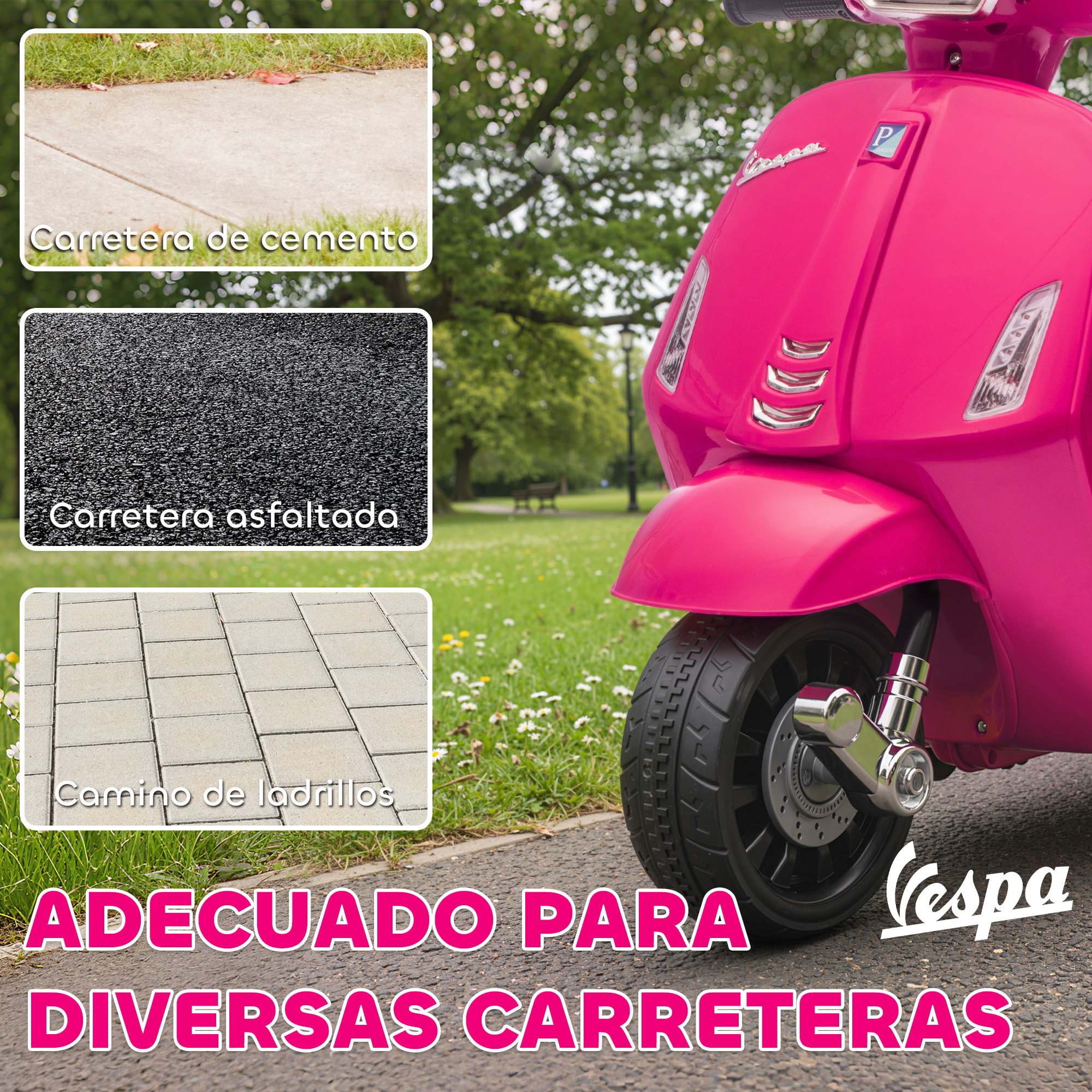 Moto Eléctrica para Niños 6V con Licencia Vespa, Moto Eléctrica Infantil con Ruedas Auxiliares de 6,9'', Velocidad de 2,5km/h, Faro y Bocina, para Niños de 2-6 Años, Rosa