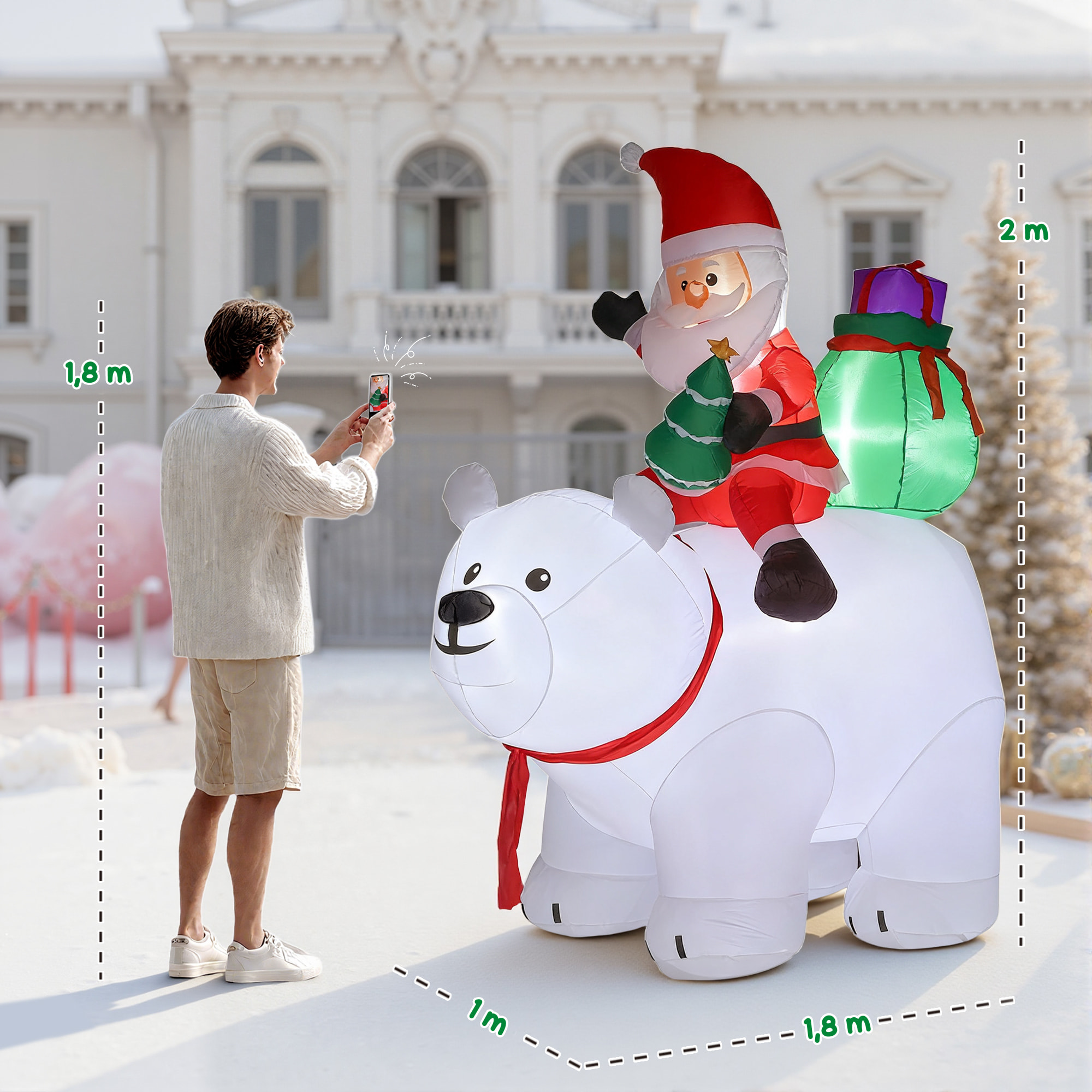 Ours polaire gonflable de Noël décoration gonflable LED de Noël H.2m père Noël et hotte