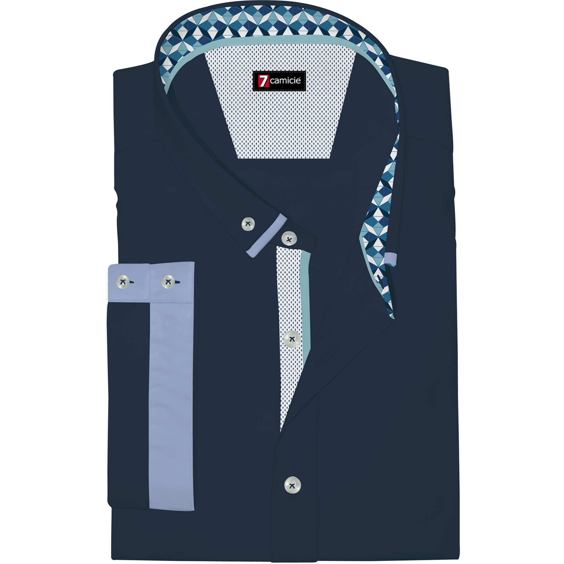 camicia uomo slim 1 bottone button down doppio collo Popeline Stretch Unito Blu