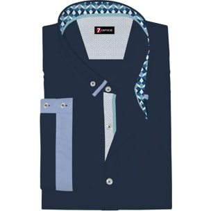 camicia uomo slim 1 bottone button down doppio collo Popeline Stretch Unito Blu