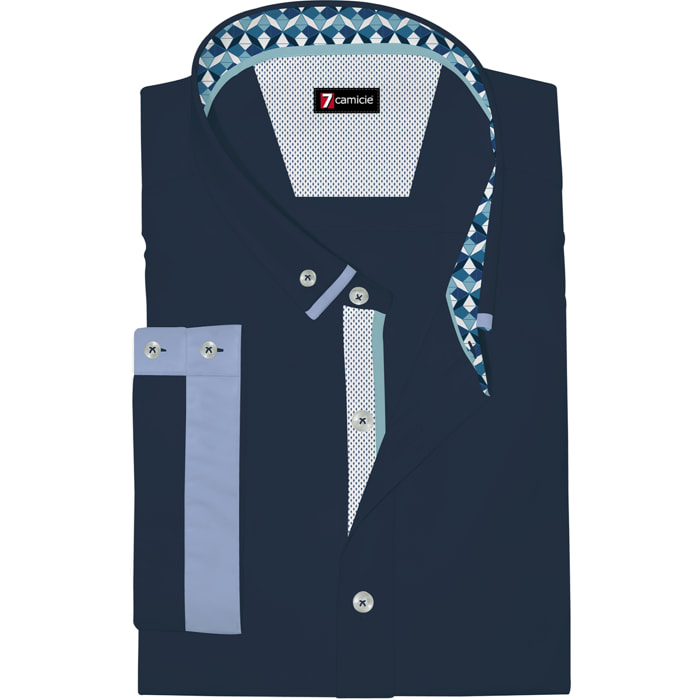 camicia uomo slim 1 bottone button down doppio collo Popeline Stretch Unito Blu