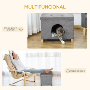 Cueva para Gatos 2 en 1 Taburete Reposapiés con Tapa Extraíble Orificio de Entrada Cojín Lavable y Patas Elevadas de Madera para Interior 60x45x44,5 cm Gris