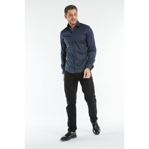 Camicia Uomo 1 Bottone Francese Slim Satin Unito Blu