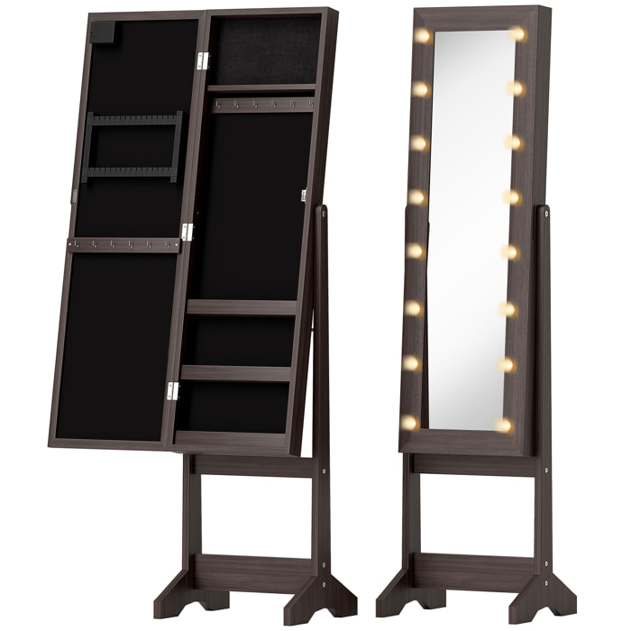 Armoire à bijoux sur pieds avec miroir multi-rangement éclairage LED effet bois wengé