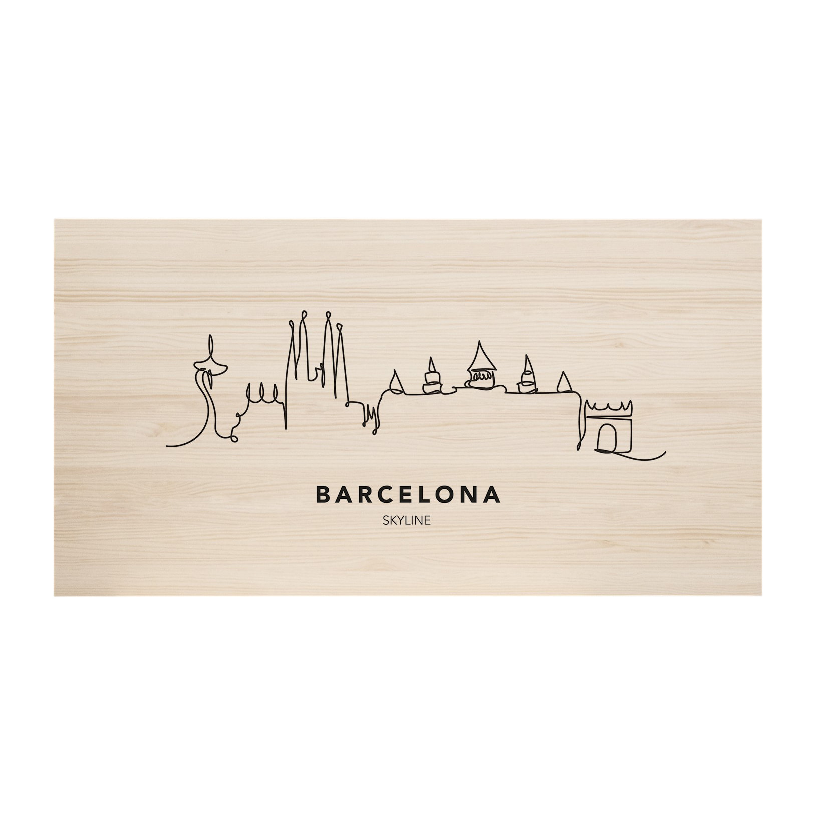 Cabecero de madera maciza estampado motivo Barcelona Skyline en tono natural de varias medidas