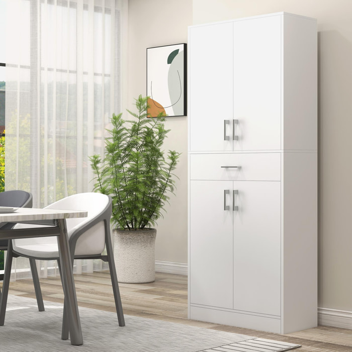 Alacena de Cocina Mueble de Cocina con 4 Puertas 1 Cajón y Estantes Ajustables Antivuelco Armario de Cocina Moderno para Comedor Salón 70,8x34x180 cm Blanco y Plata