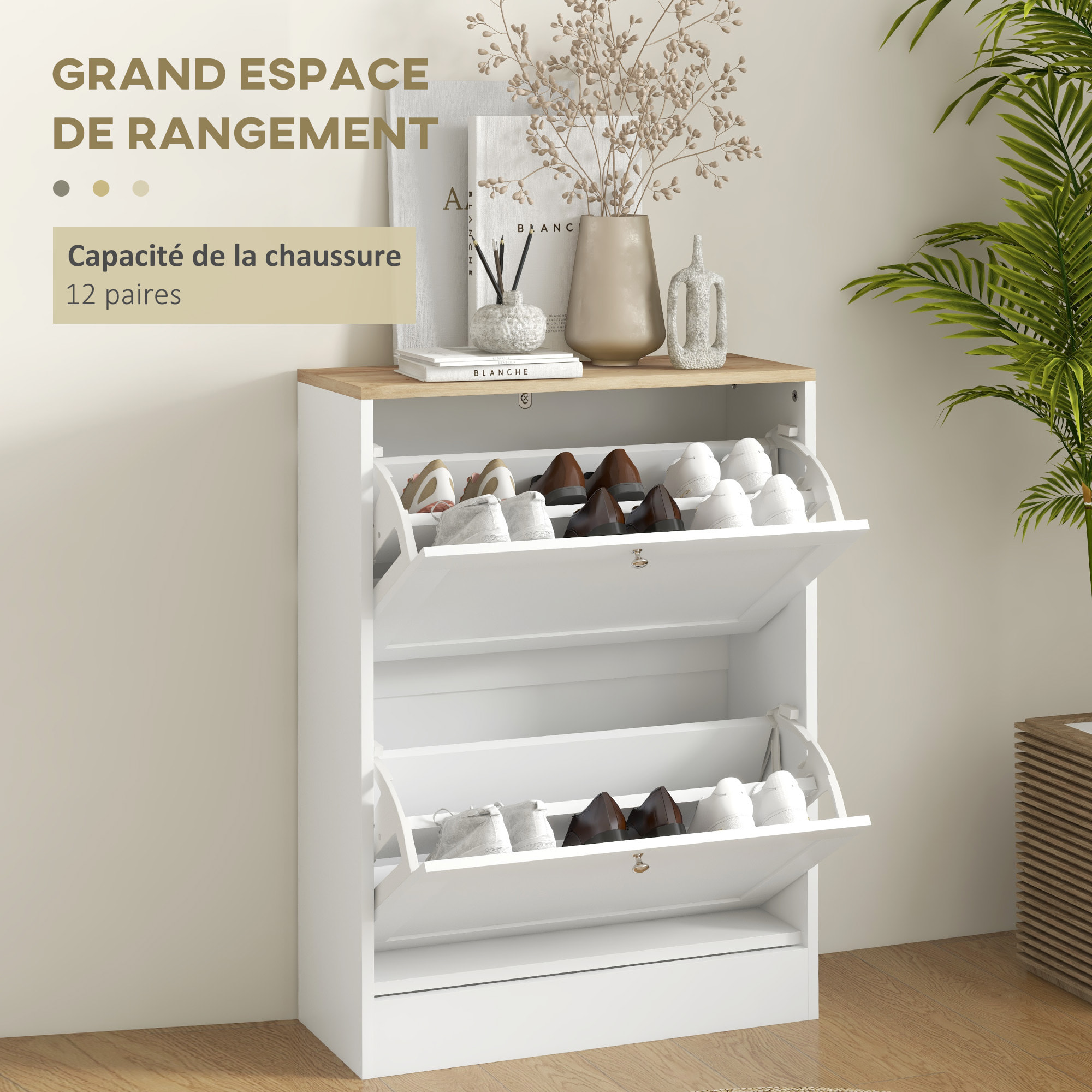 Meuble à chaussures 2 tiroirs rabattables blanc effet bois chêne clair