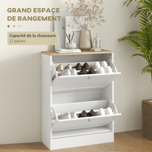 Meuble à chaussures 2 tiroirs rabattables blanc effet bois chêne clair