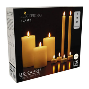 Set de 9 velas led - velas de pilar, velas de cena y candelitas con superficies rústicas y lisas con control remoto