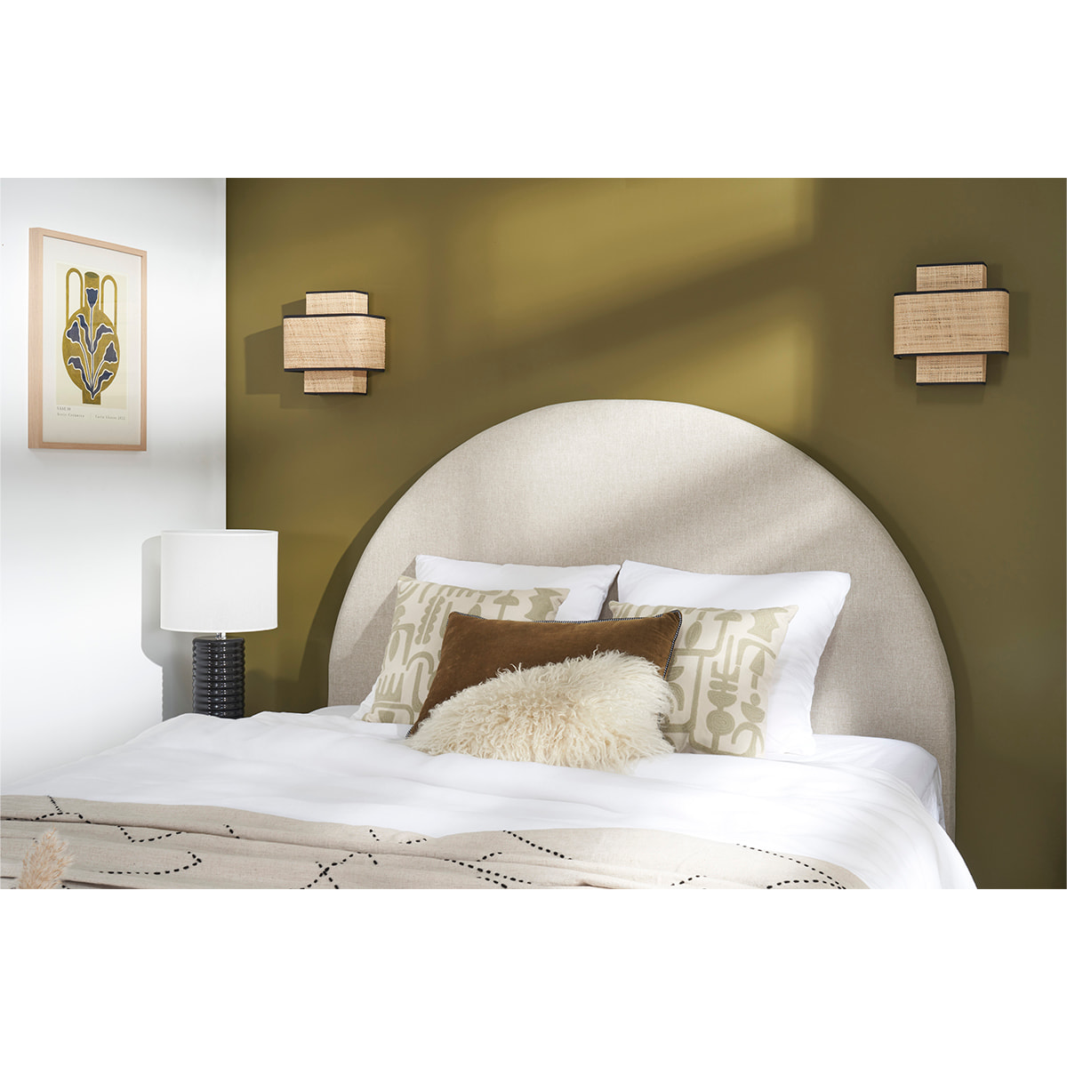 Tête de lit ronde en tissu beige L160 cm NAOMY