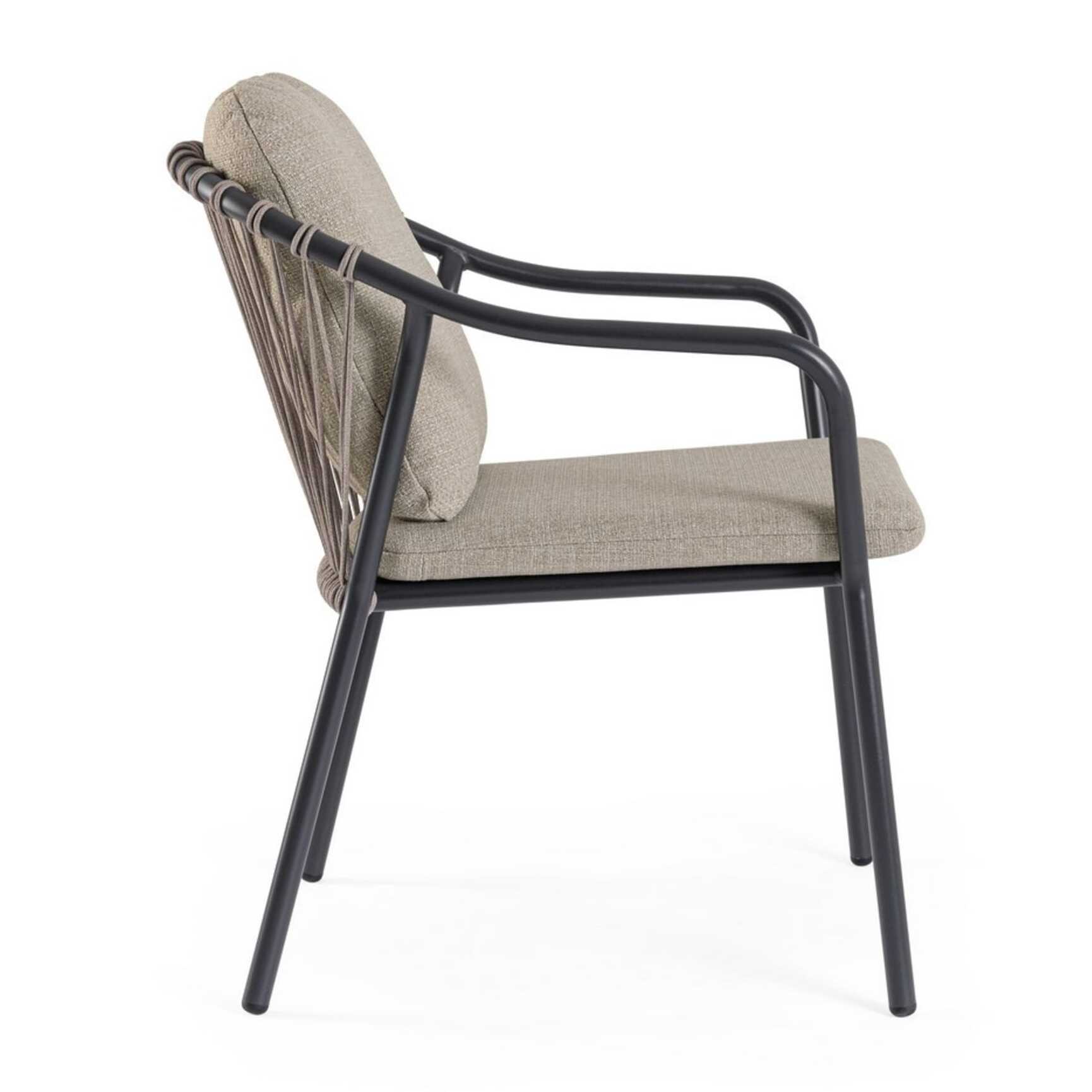 Set 4 sedie da giardino PAMPLONA con cuscini beige, schienale in corda e struttura antracite