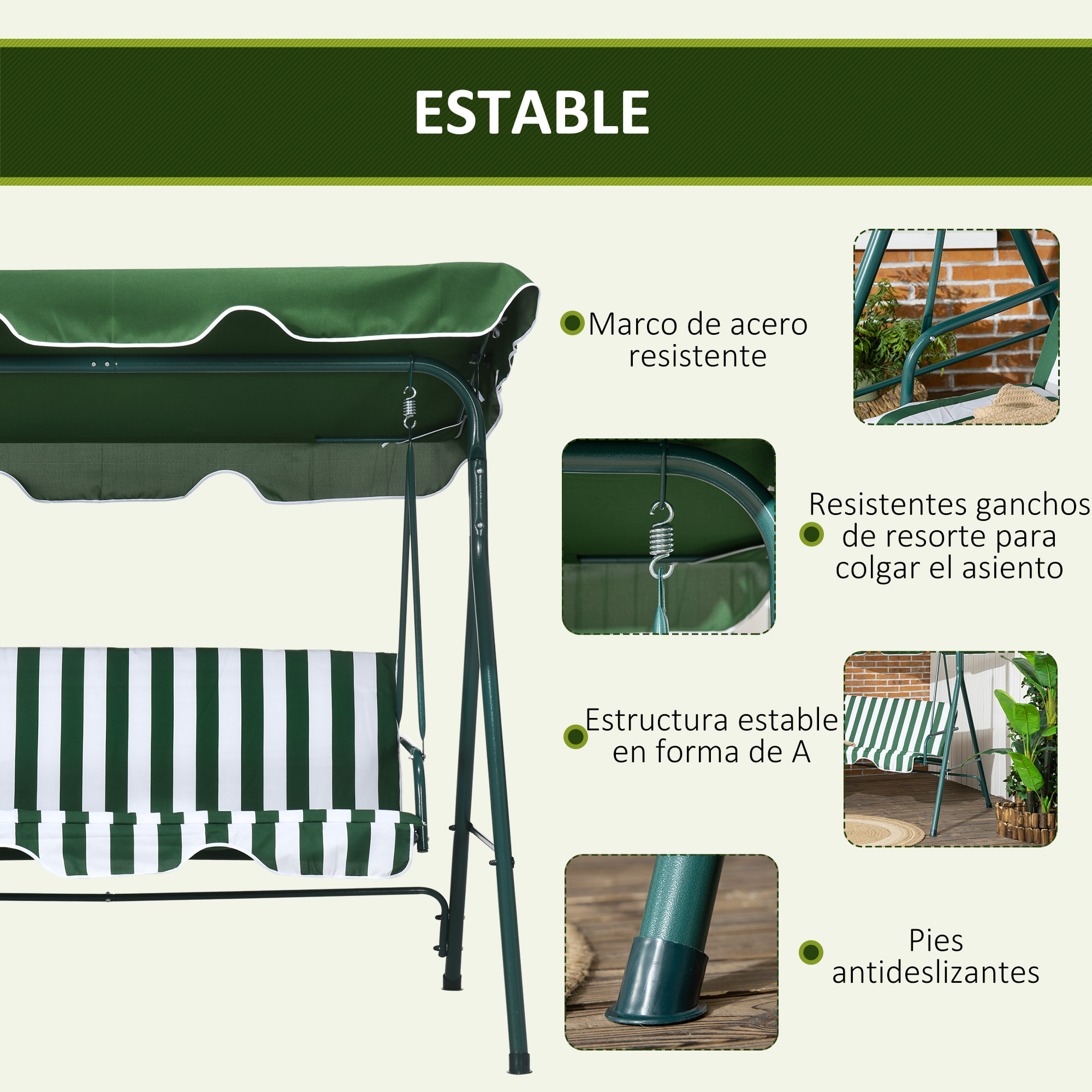 Columpio Balancín de Jardín Exterior de 3 Plazas con Cojín Techo Ajustable y Marco de Acero para Balcón Terraza Patio Carga Máx. 300 kg 172x110x153 cm Raya Verde