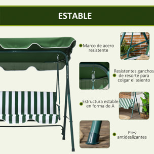 Columpio Balancín de Jardín Exterior de 3 Plazas con Cojín Techo Ajustable y Marco de Acero para Balcón Terraza Patio Carga Máx. 300 kg 172x110x153 cm Raya Verde