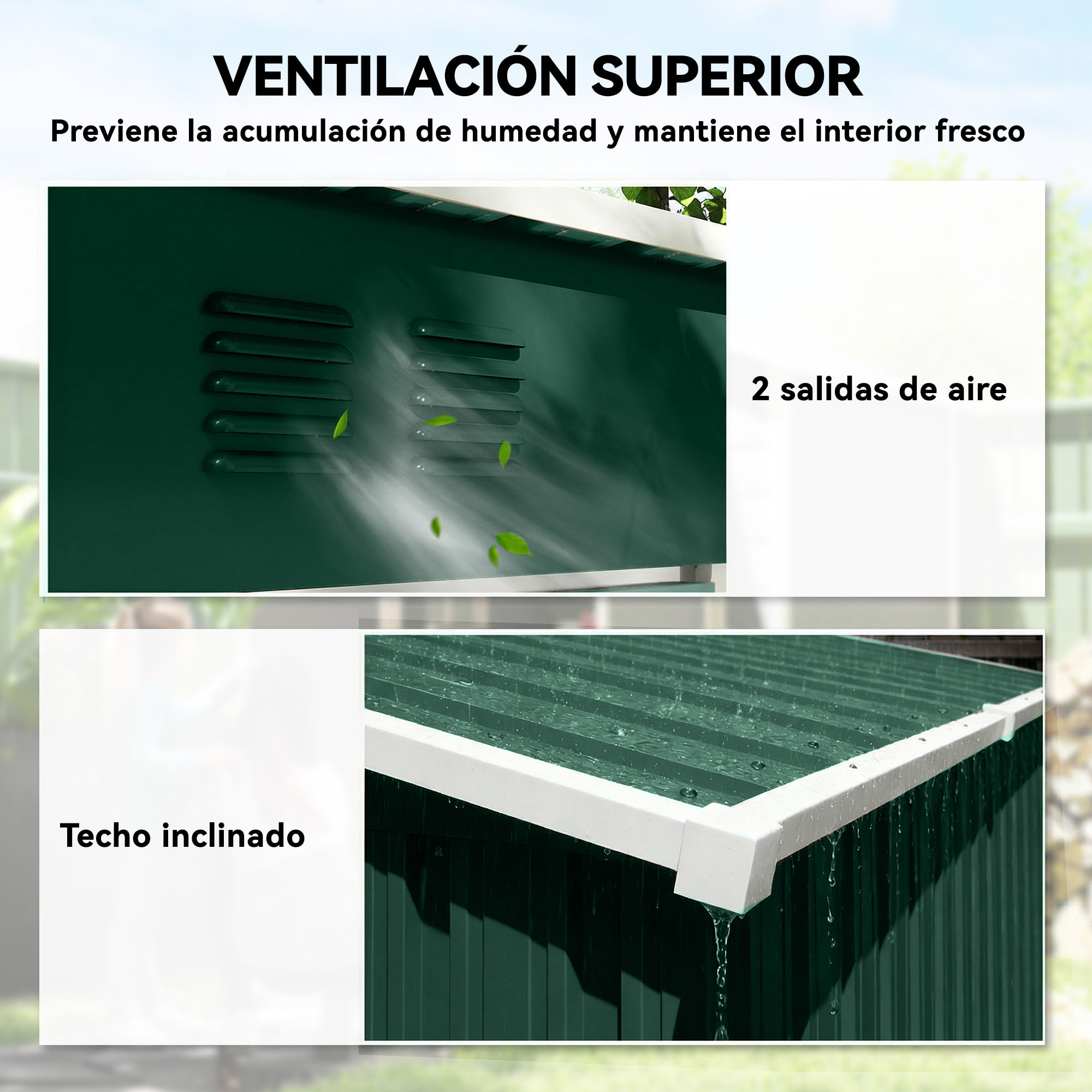 Caseta de Jardín Exterior 1,37 m², 163x90x179 cm, Cobertizo de Jardín Exterior Metálico con Puerta con Pestillo y Ranuras de Ventilación, para Almacenamiento de Herramientas, Verde