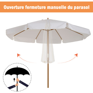 Parasol droit rond grande taille de jardin Ø 3,25 x 2,5H m bois de bambou polyester crème