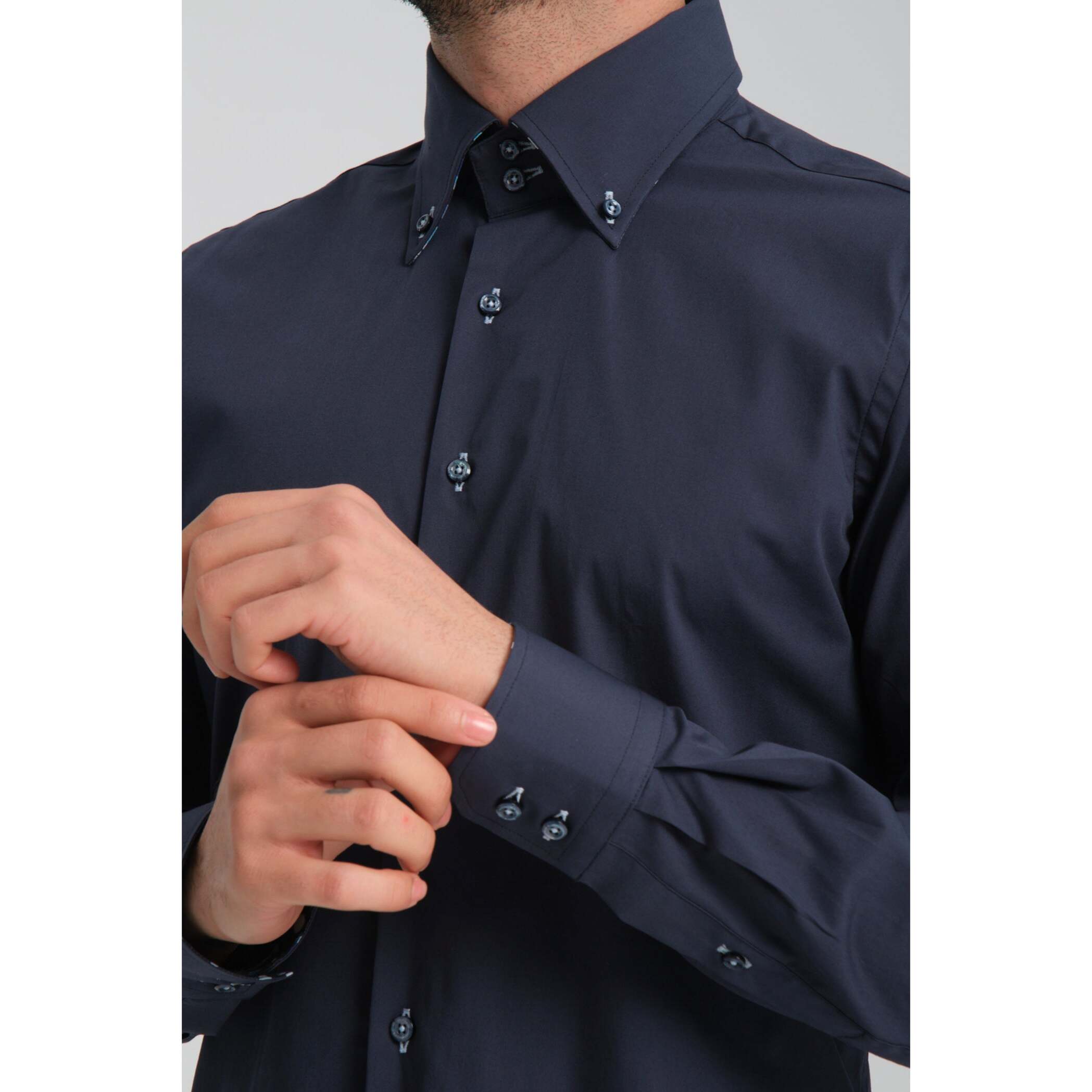 Camicia Uomo 2 Bottoni Button Down Slim Popeline Stretch Unito Blu