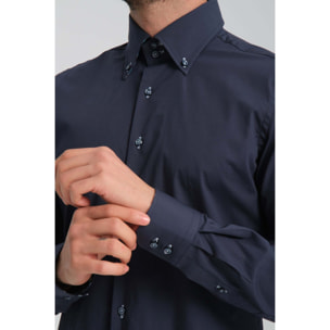 Camicia Uomo 2 Bottoni Button Down Slim Popeline Stretch Unito Blu