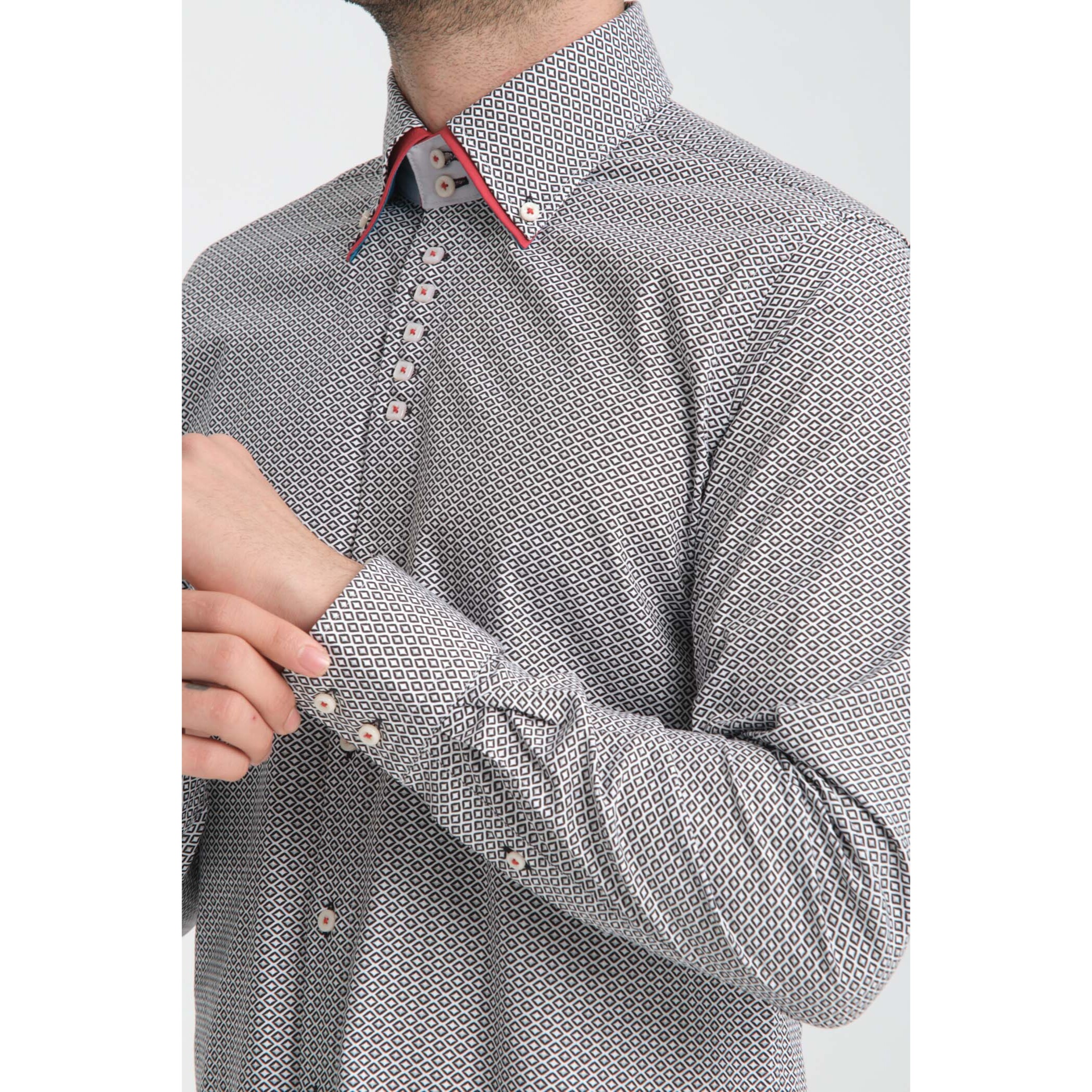 Camicia Uomo 2 Bottoni Button Down 7bottoni Doppio Coll Popeline Stretch Stampato Bianco/Nero