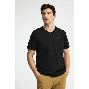 Camiseta negra de cuello pico con logo Rigby Go