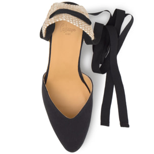 Alpargata Jud cuña de yute geométrica en lino con lazo, escote en V y punta afilada