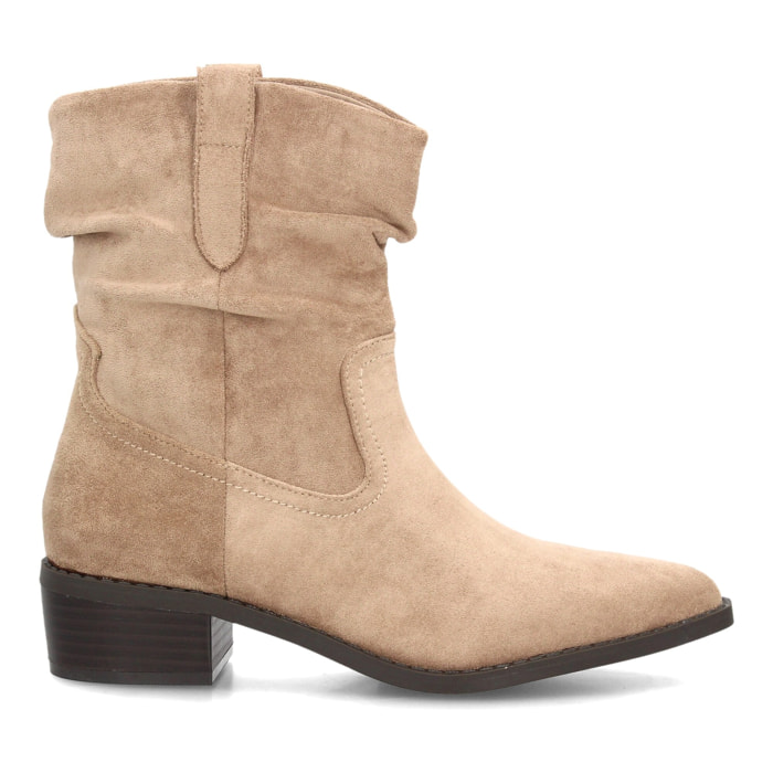 Botines western fruncidos de tacón bajo para mujer