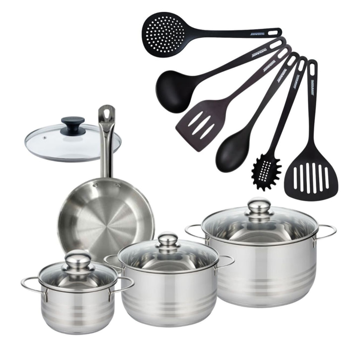 Set 1 poêle en inox et 1 couvercle verre, 3 faitouts inox et 6 ustensiles RPET Fackelmann Eterna