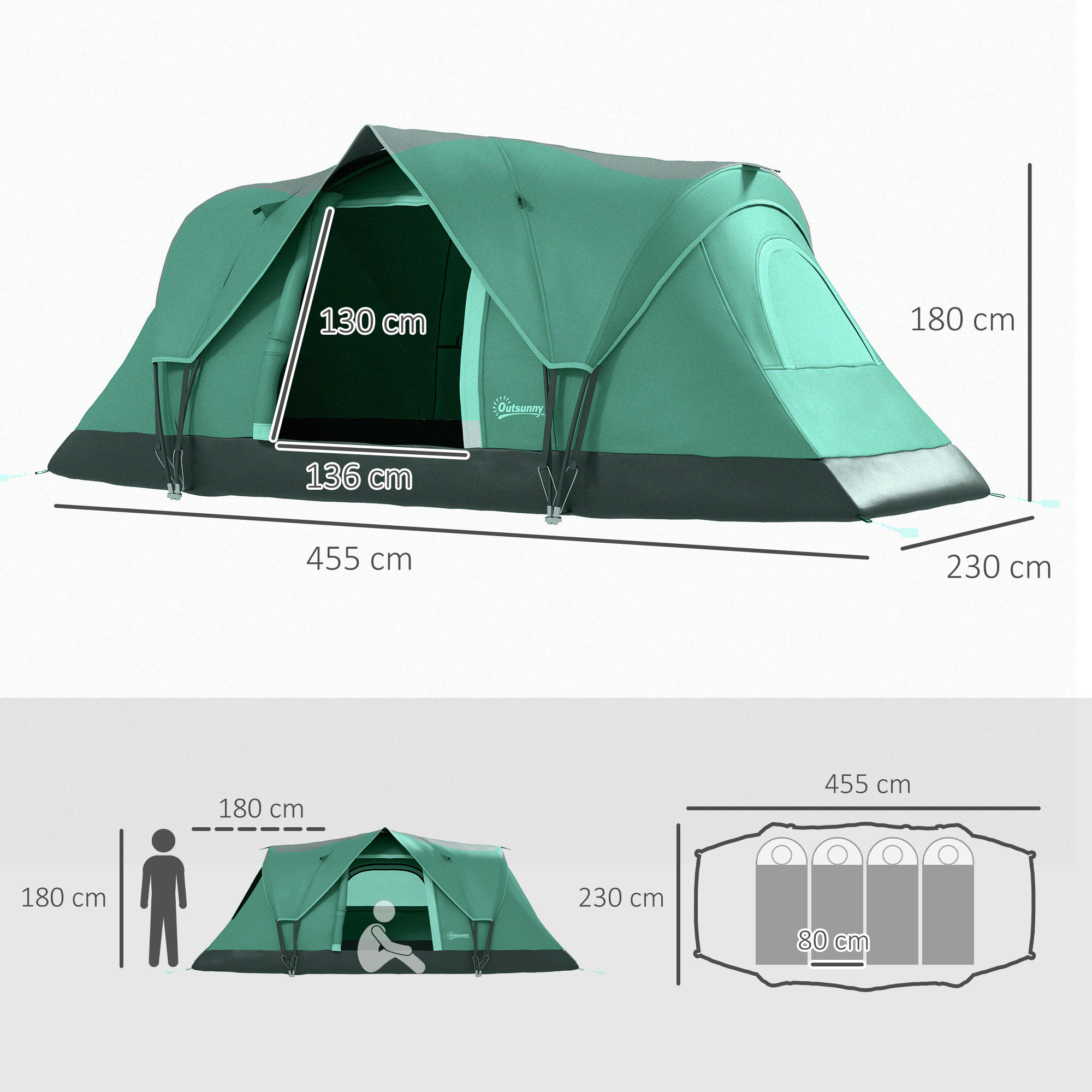 Tienda de Campaña Familiar para 5-6 Personas Tienda de Acampada de Túnel Impermeable 3000mm+ Tienda de Camping con Bolsa de Transporte y Gancho para Pescar Senderismo 455x230x180 cm Verde